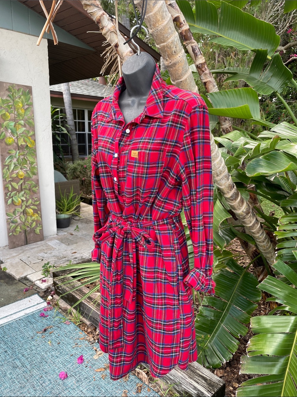 plaid flannel button-down dress with tie waist